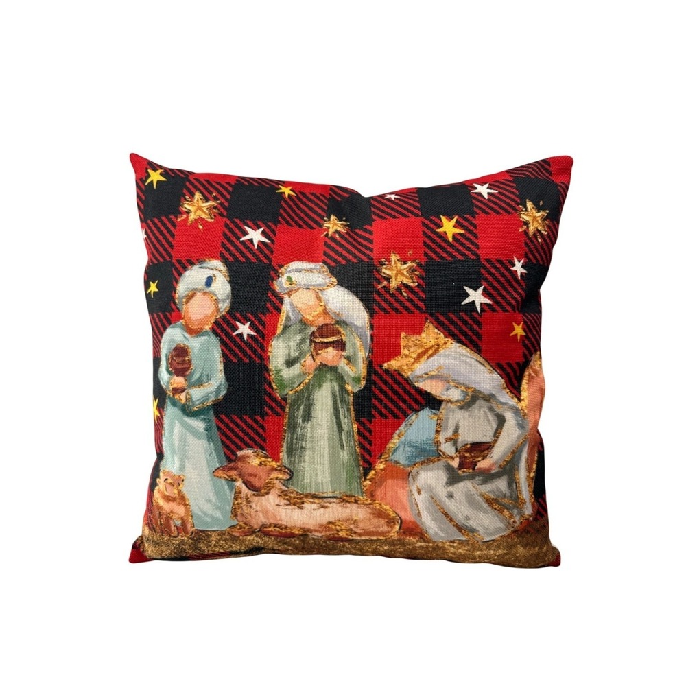 Nativity Scene Throw Pillow Buffalo Plaid Star Zipper Closure Christmas 18"x18"